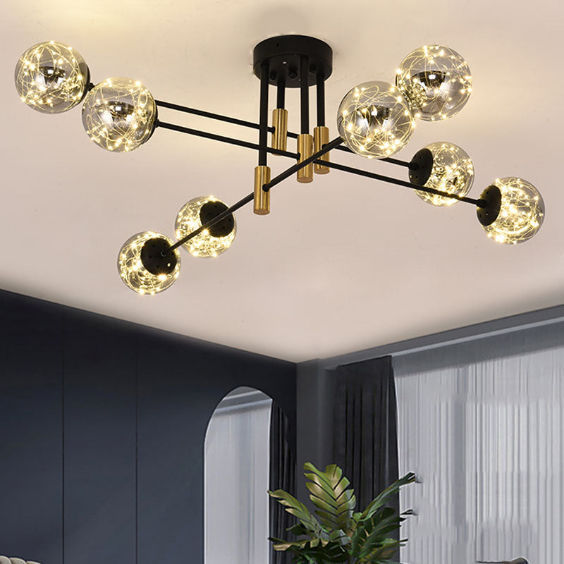 Nordic Ball Semi Flush Lightture Smoke Glass Living Room Room Starry Plafond Lampe en noir