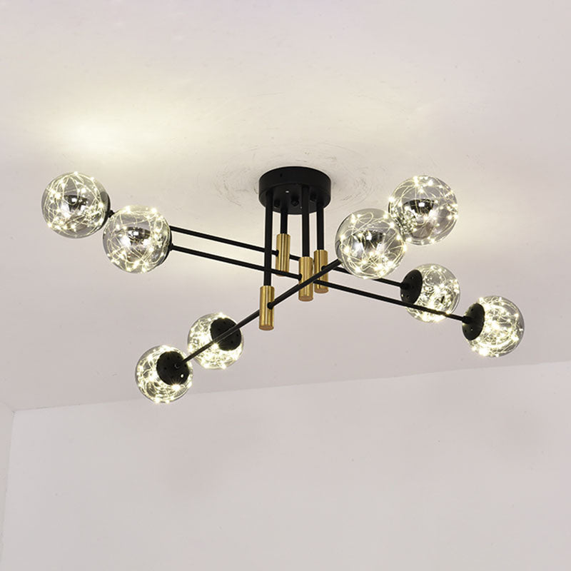 Nordic Ball Semi Flush Leuchte Rauchglas Wohnzimmer Streifer Deckenlampe in Schwarz