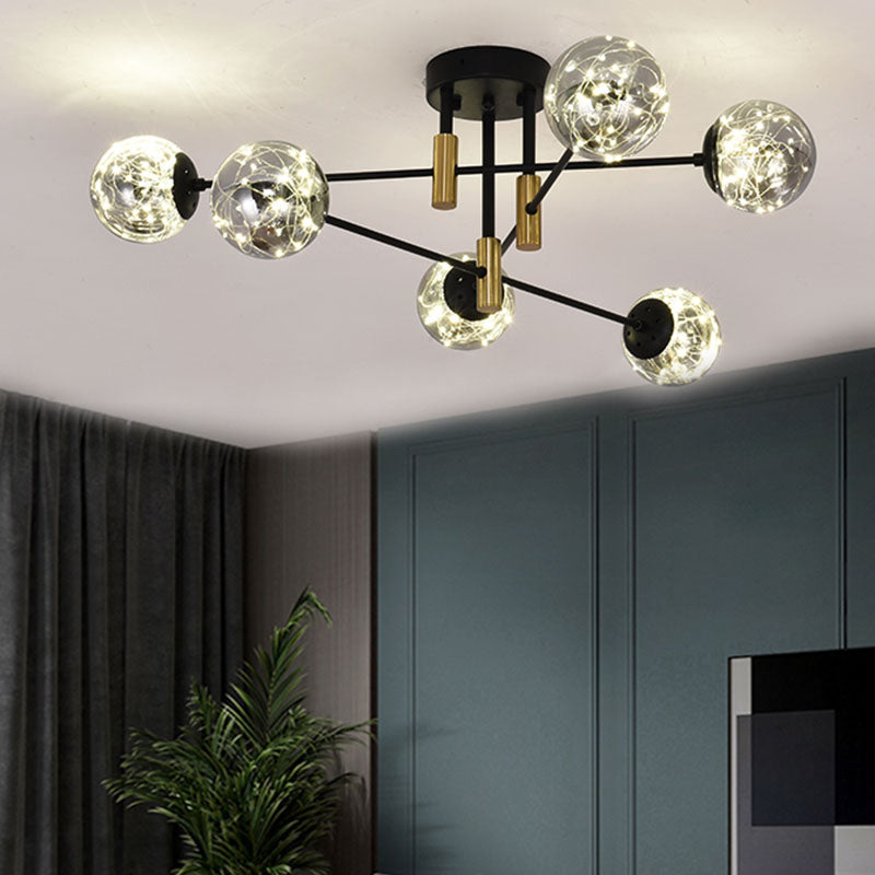 Nordic Ball Semi Flush Lightture Smoke Glass Living Room Room Starry Plafond Lampe en noir