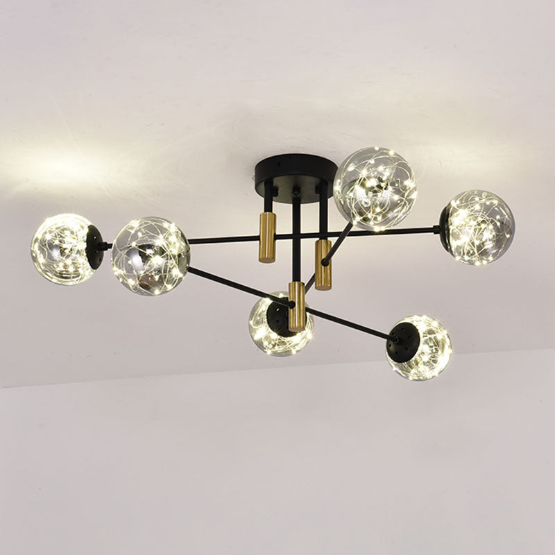 Nordic Ball Semi Flush Lightture Smoke Glass Living Room Room Starry Plafond Lampe en noir