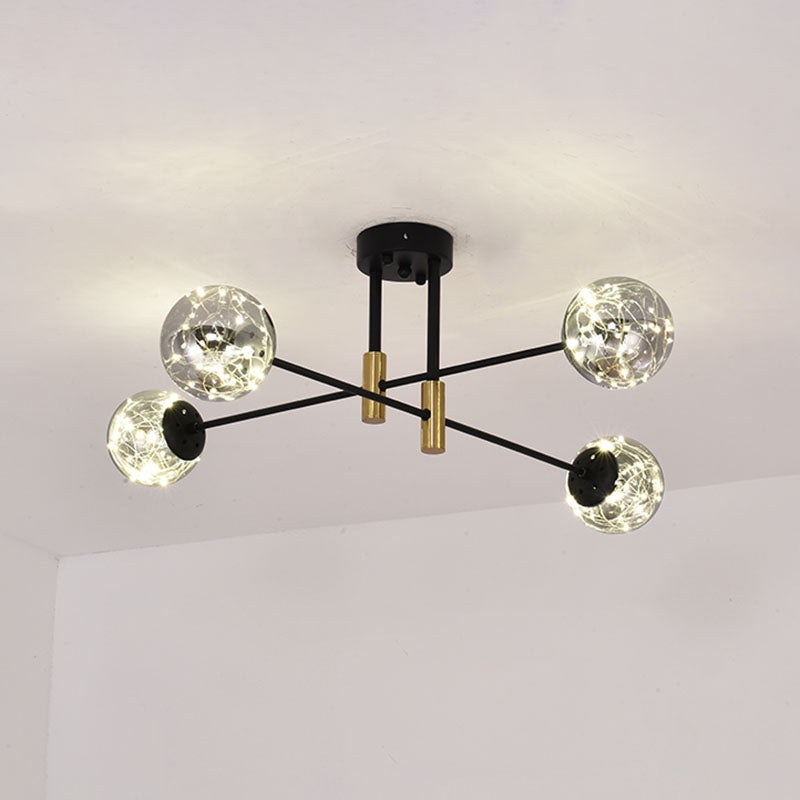 Nordic Ball Semi Flush Lightture Smoke Glass Living Room Room Starry Plafond Lampe en noir