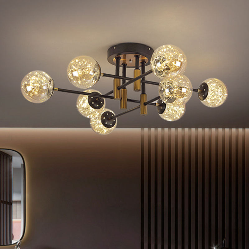 Glass Ball Ceiling Mounted Fixture Modernism LED Semi Mount Lighting in Black with Inside Glowing String