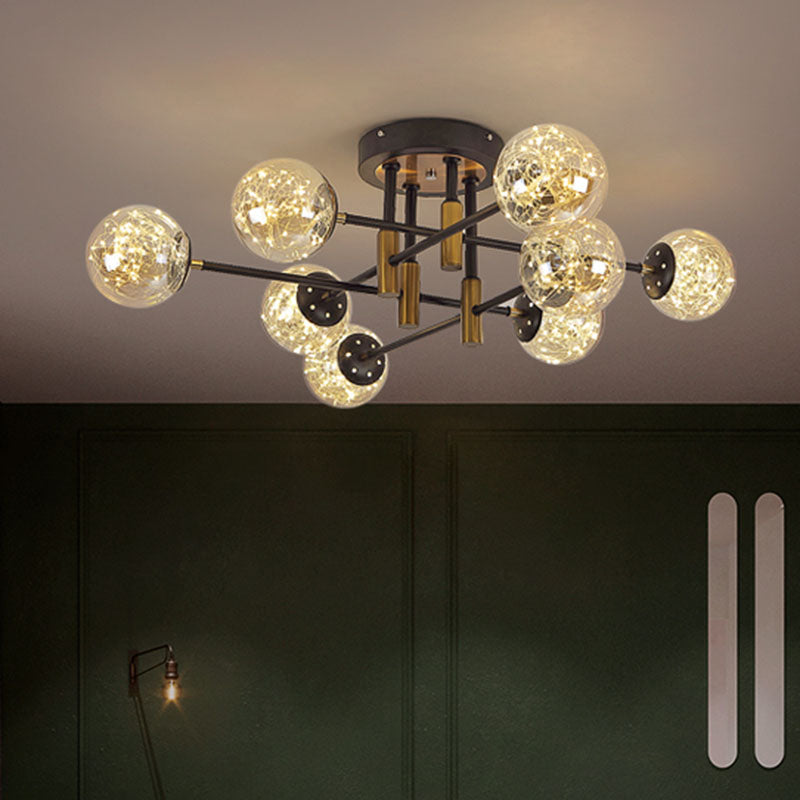 Glass Ball Ceiling Mounted Fixture Modernism LED Semi Mount Lighting in Black with Inside Glowing String