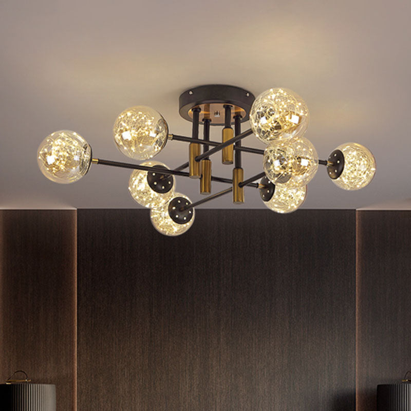 Glass Ball Ceiling Mounted Fixture Modernism LED Semi Mount Lighting in Black with Inside Glowing String