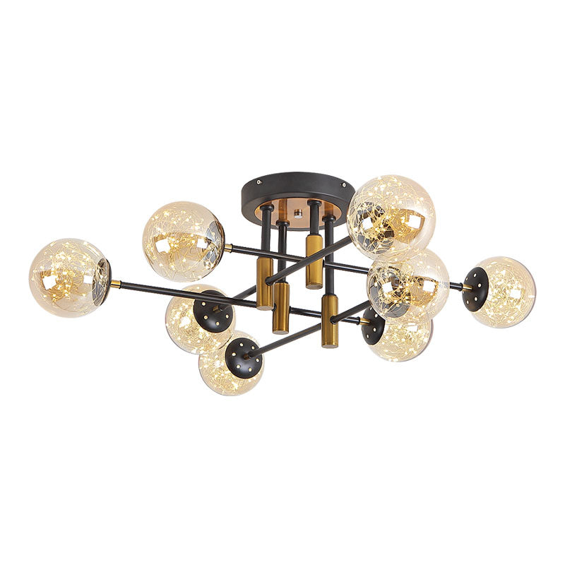 Glass Ball Ceiling Mounted Fixture Modernism LED Semi Mount Lighting in Black with Inside Glowing String