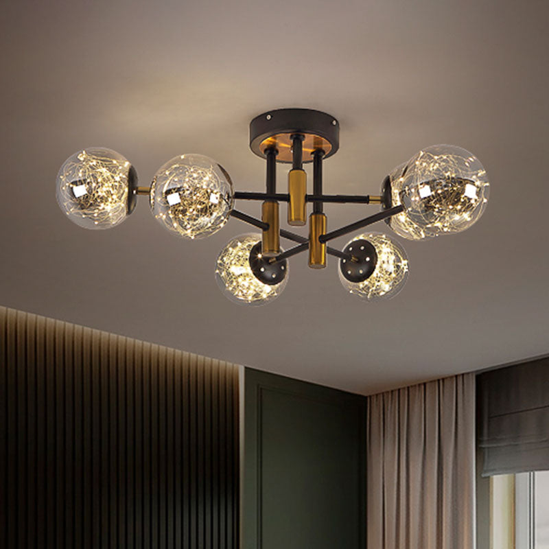 Glass Ball Ceiling Mounted Fixture Modernism LED Semi Mount Lighting in Black with Inside Glowing String