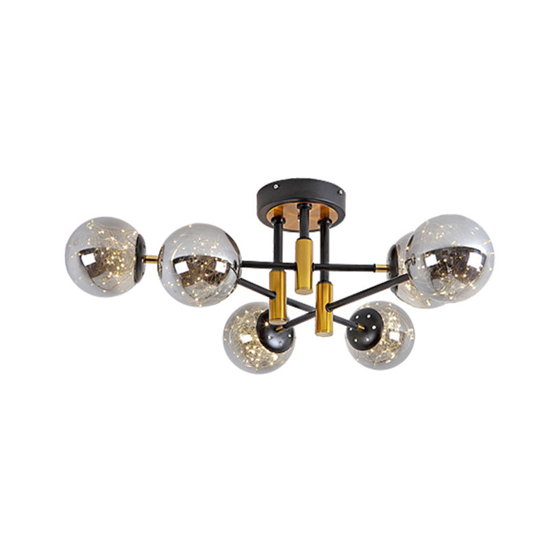 Glass Ball Ceiling Mounted Fixture Modernism LED Semi Mount Lighting in Black with Inside Glowing String