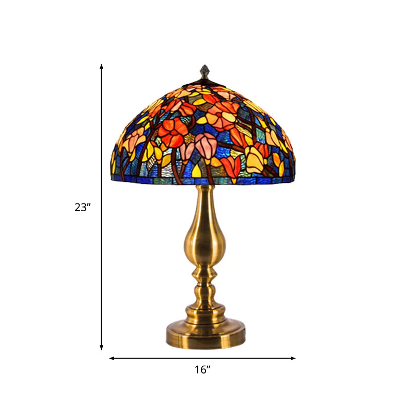 Tiffany Glass Brass Table Lamp Domed 1 Light Classic Night Lighting with Magnolia Pattern