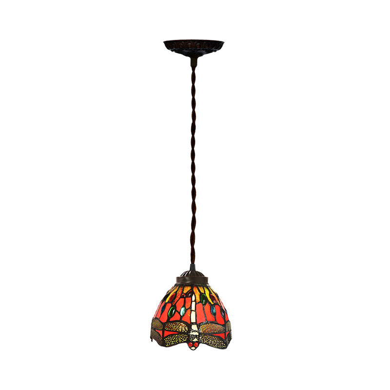 1-Bulb Dining Room Hanging Light Kit Tiffany Red Dragonfly Patterned Pendant Lamp with Dome Stained Glass Shade