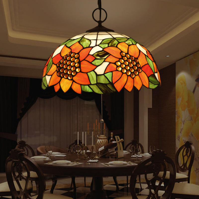 Black 3-Bulb Chandelier Lighting Baroque Stained Glass Domed Pendant Light Kit with Petal Pattern