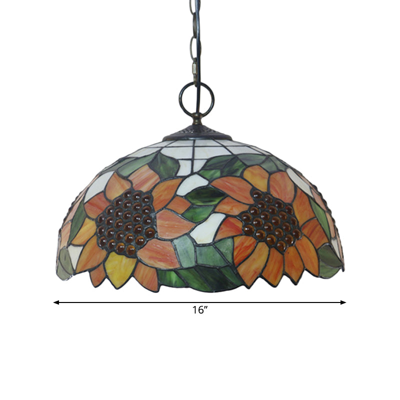 Black 3-Bulb Chandelier Lighting Baroque Stained Glass Domed Pendant Light Kit with Petal Pattern