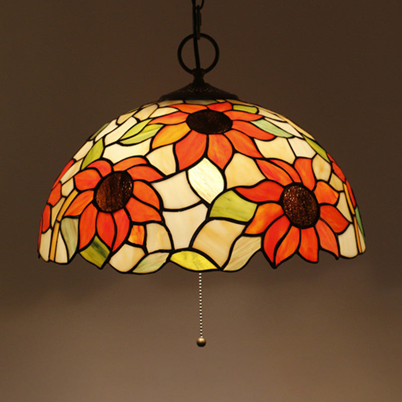 Black 3-Bulb Chandelier Lighting Baroque Stained Glass Domed Pendant Light Kit with Petal Pattern