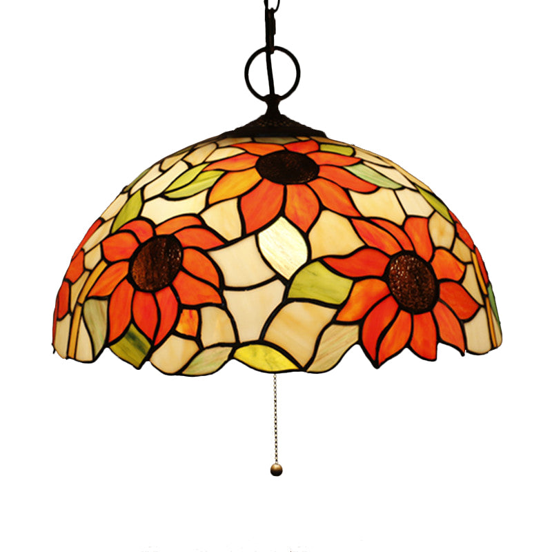 Black 3-Bulb Chandelier Lighting Baroque Stained Glass Domed Pendant Light Kit with Petal Pattern