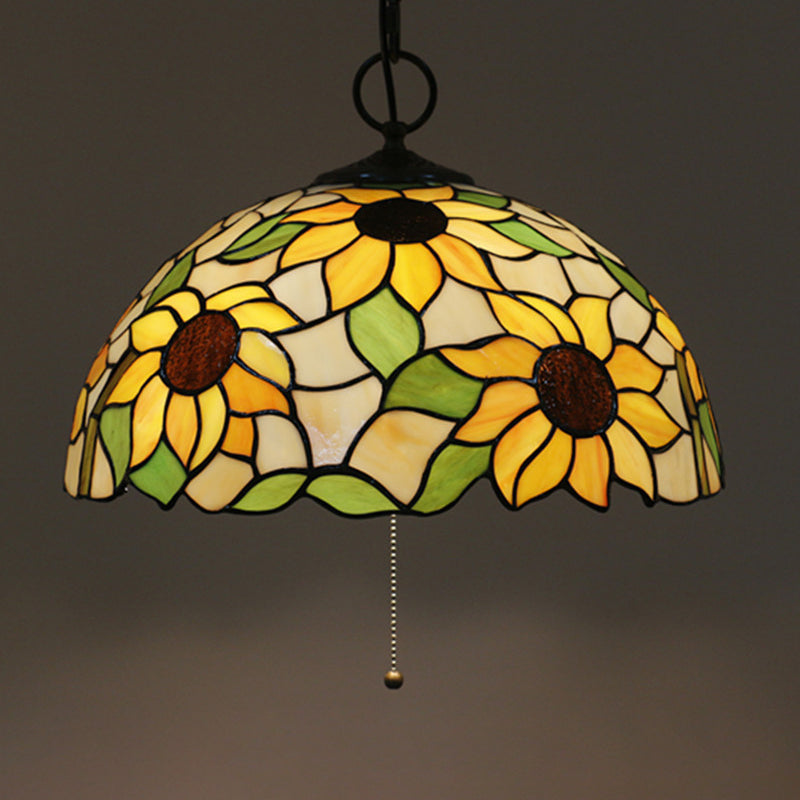 Black 3-Bulb Chandelier Lighting Baroque Stained Glass Domed Pendant Light Kit with Petal Pattern