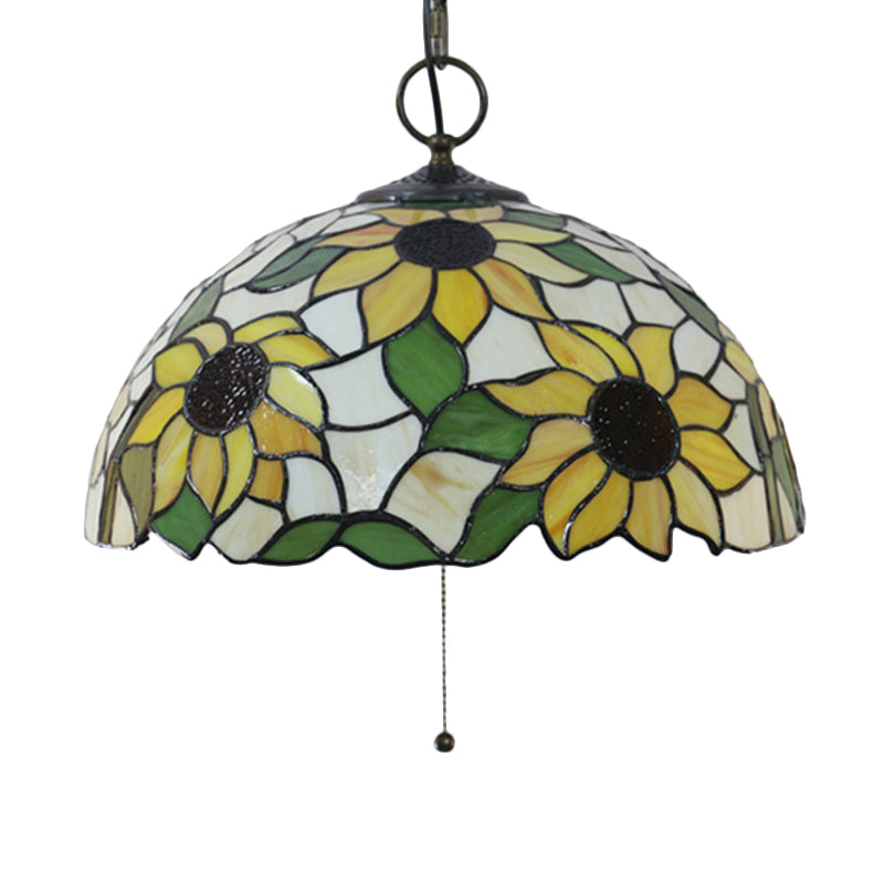 Black 3-Bulb Chandelier Lighting Baroque Stained Glass Domed Pendant Light Kit with Petal Pattern