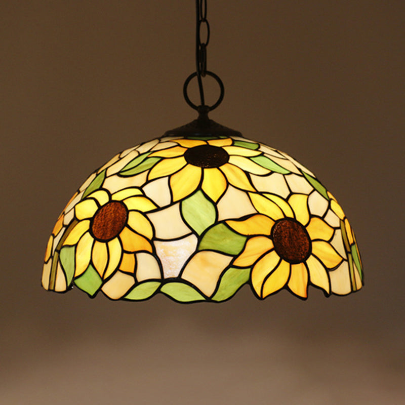 Black 3-Bulb Chandelier Lighting Baroque Stained Glass Domed Pendant Light Kit with Petal Pattern