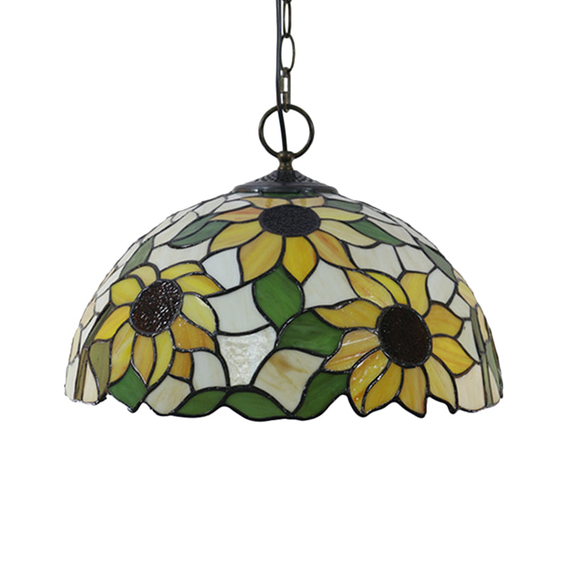 Black 3-Bulb Chandelier Lighting Baroque Stained Glass Domed Pendant Light Kit with Petal Pattern