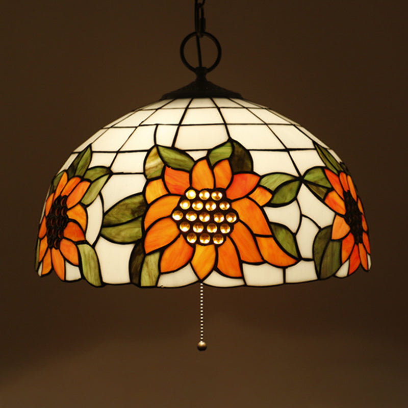 Black 3-Bulb Chandelier Lighting Baroque Stained Glass Domed Pendant Light Kit with Petal Pattern