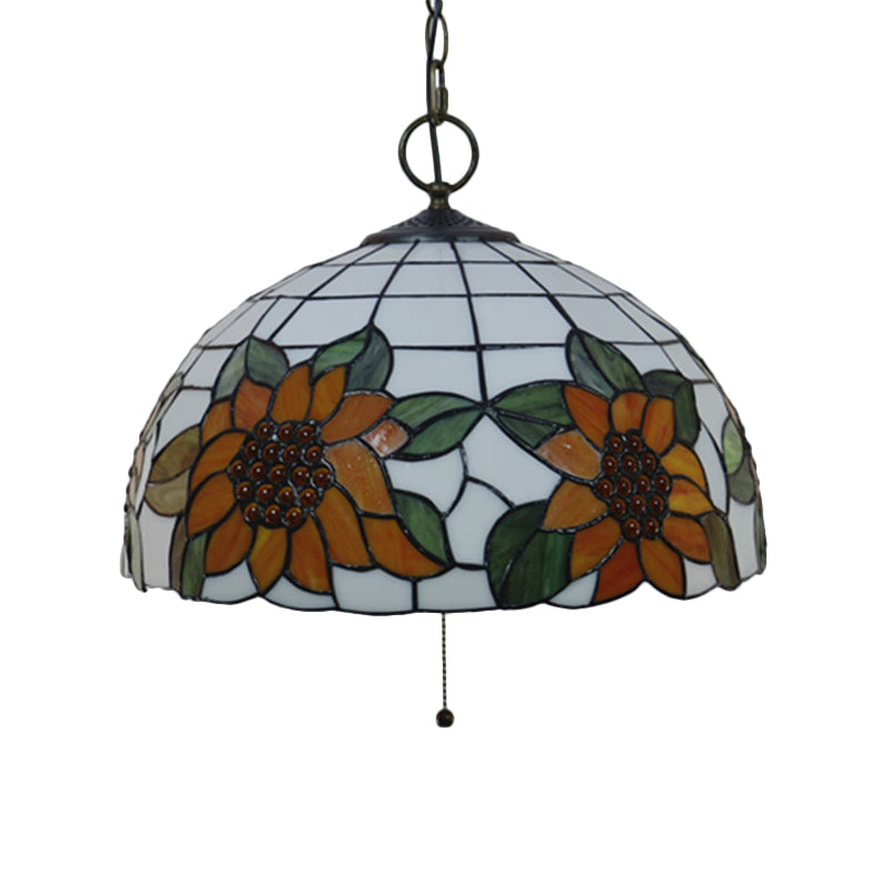 Black 3-Bulb Chandelier Lighting Baroque Stained Glass Domed Pendant Light Kit with Petal Pattern