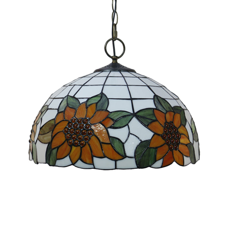 Black 3-Bulb Chandelier Lighting Baroque Stained Glass Domed Pendant Light Kit with Petal Pattern