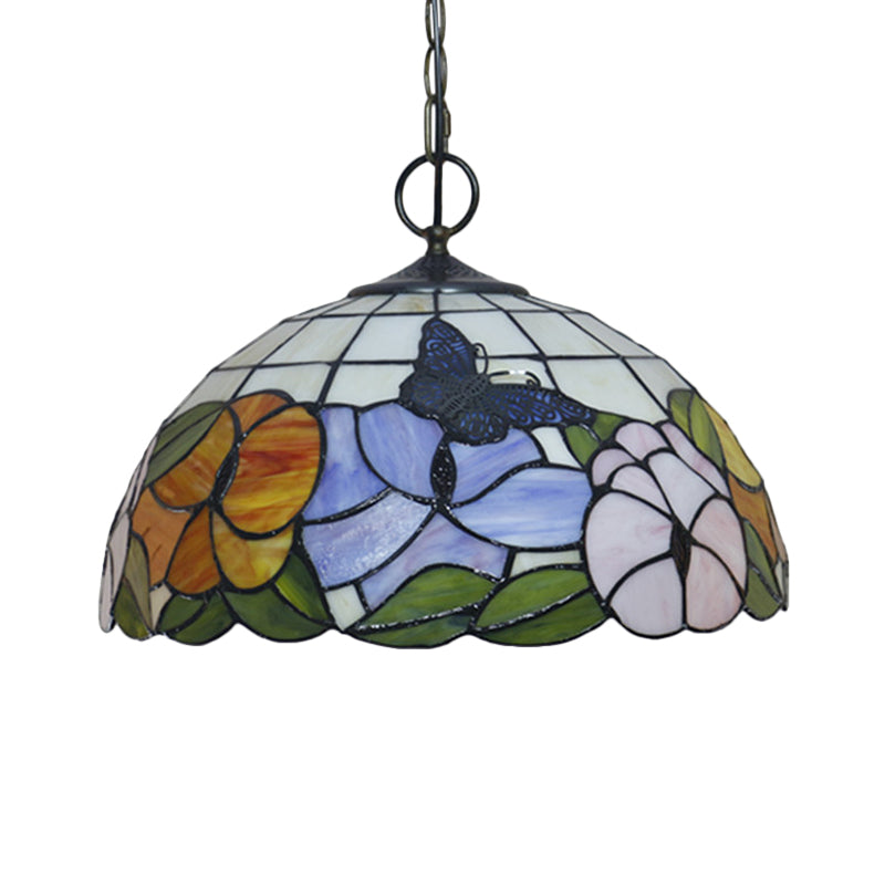 Black 3-Bulb Chandelier Lighting Baroque Stained Glass Domed Pendant Light Kit with Petal Pattern