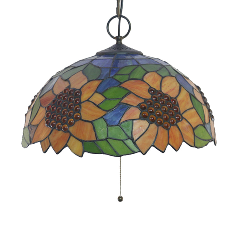 Black 3-Bulb Chandelier Lighting Baroque Stained Glass Domed Pendant Light Kit with Petal Pattern