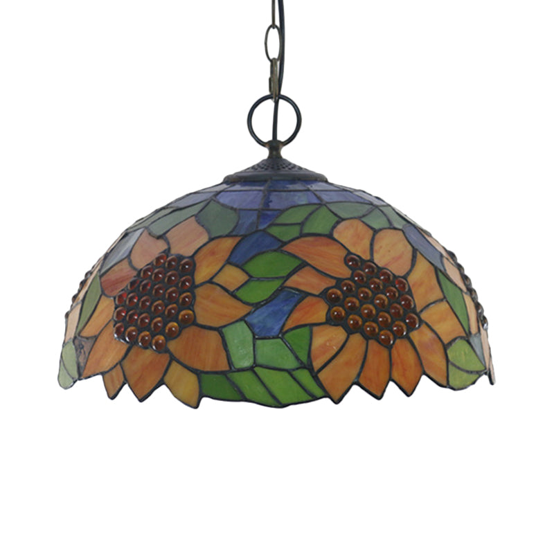 Black 3-Bulb Chandelier Lighting Baroque Stained Glass Domed Pendant Light Kit with Petal Pattern