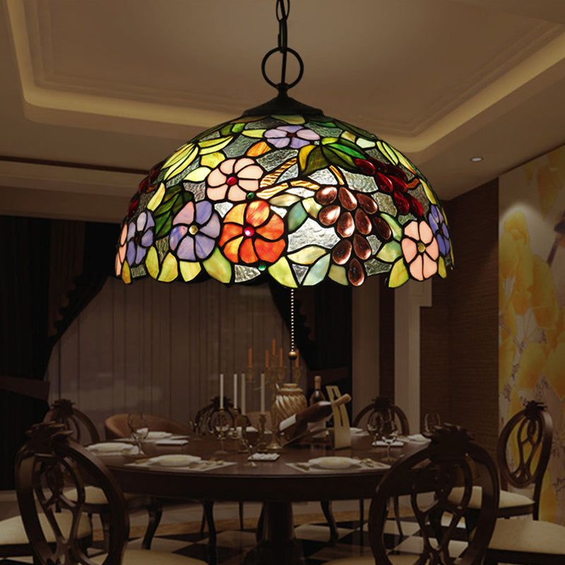 Hand-Crafted Glass Black Chandelier Domed 3 Lights Mediterranean Pendant Lamp with Plant Pattern