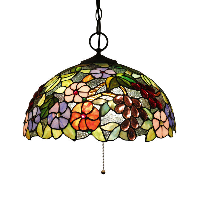 Hand-Crafted Glass Black Chandelier Domed 3 Lights Mediterranean Pendant Lamp with Plant Pattern