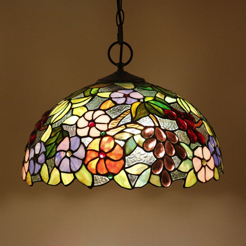 Hand-Crafted Glass Black Chandelier Domed 3 Lights Mediterranean Pendant Lamp with Plant Pattern