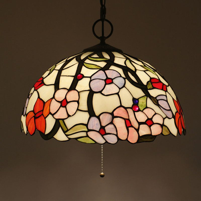 Hand-Crafted Glass Black Chandelier Domed 3 Lights Mediterranean Pendant Lamp with Plant Pattern