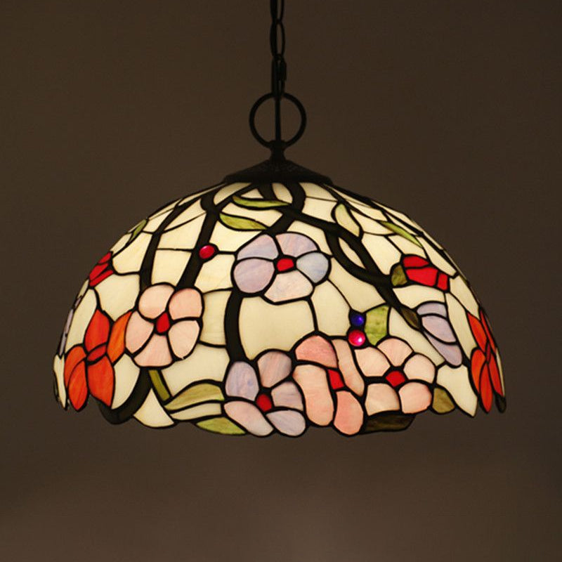 Hand-Crafted Glass Black Chandelier Domed 3 Lights Mediterranean Pendant Lamp with Plant Pattern