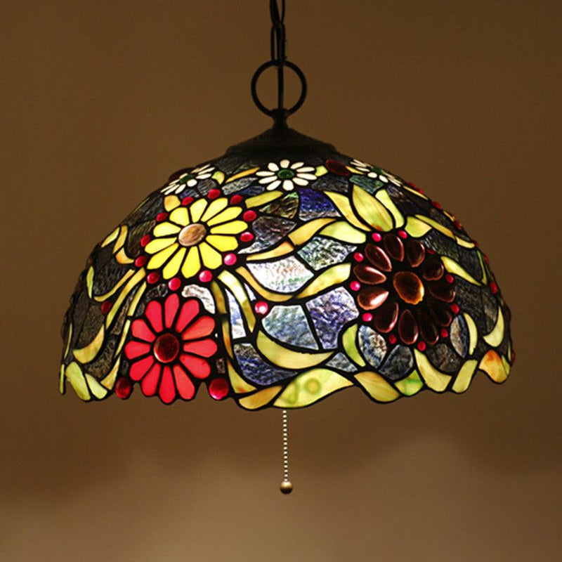 Hand-Crafted Glass Black Chandelier Domed 3 Lights Mediterranean Pendant Lamp with Plant Pattern