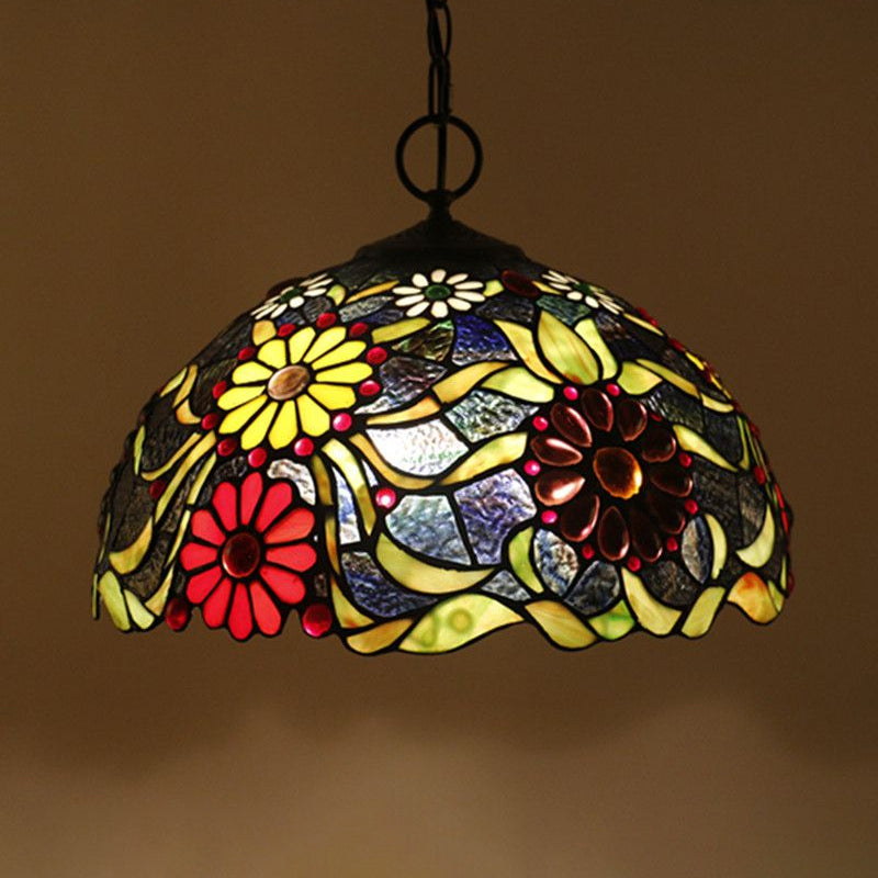 Hand-Crafted Glass Black Chandelier Domed 3 Lights Mediterranean Pendant Lamp with Plant Pattern