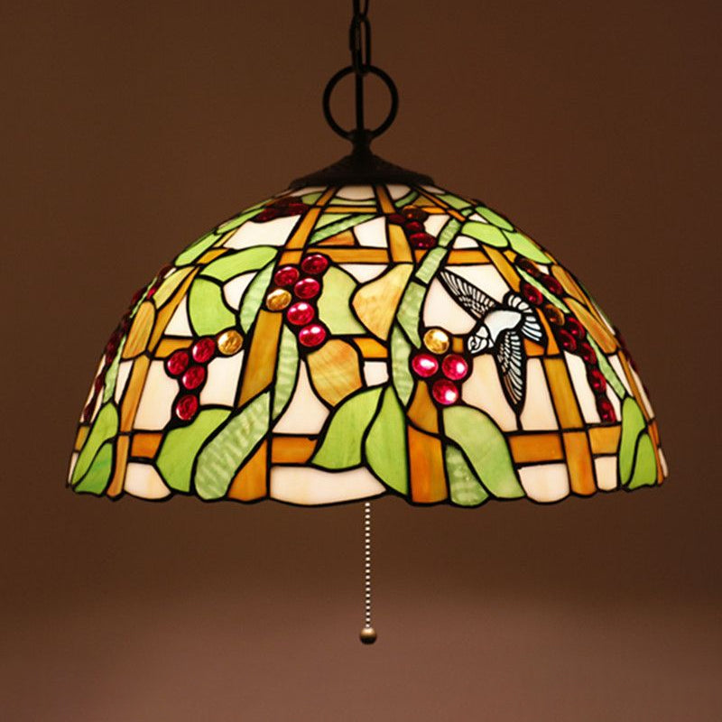 Hand-Crafted Glass Black Chandelier Domed 3 Lights Mediterranean Pendant Lamp with Plant Pattern