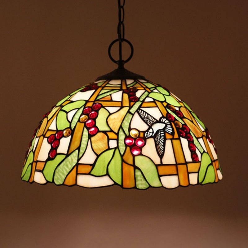 Hand-Crafted Glass Black Chandelier Domed 3 Lights Mediterranean Pendant Lamp with Plant Pattern