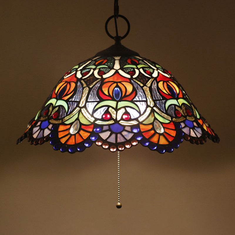 Hand-Crafted Glass Black Chandelier Domed 3 Lights Mediterranean Pendant Lamp with Plant Pattern