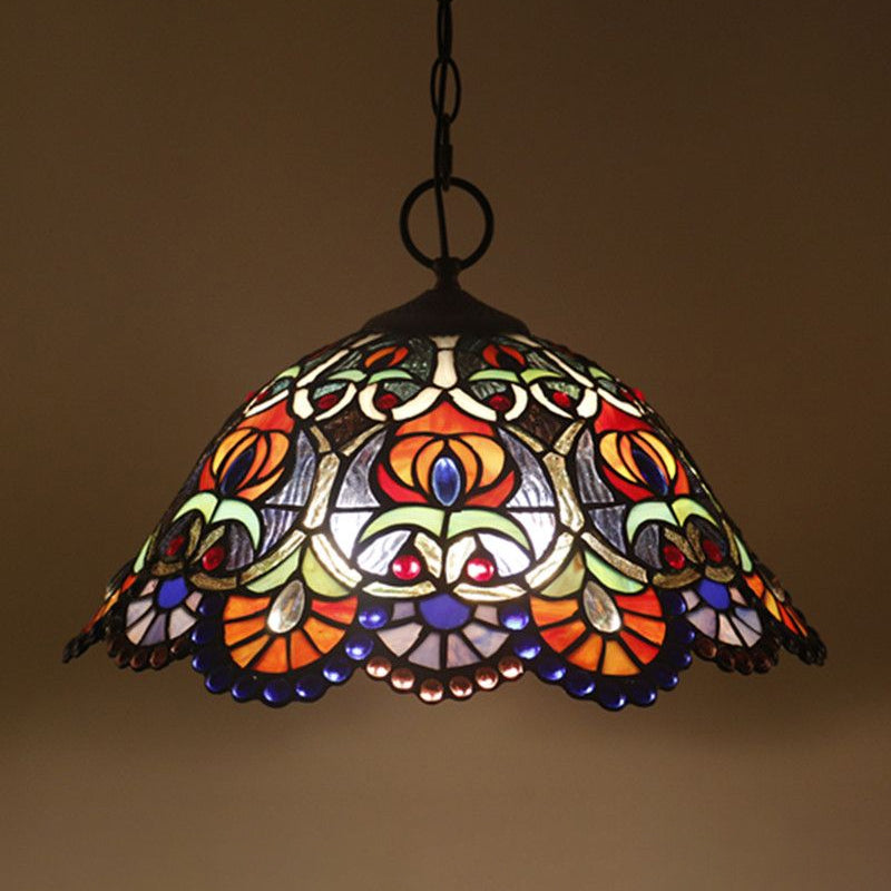 Hand-Crafted Glass Black Chandelier Domed 3 Lights Mediterranean Pendant Lamp with Plant Pattern