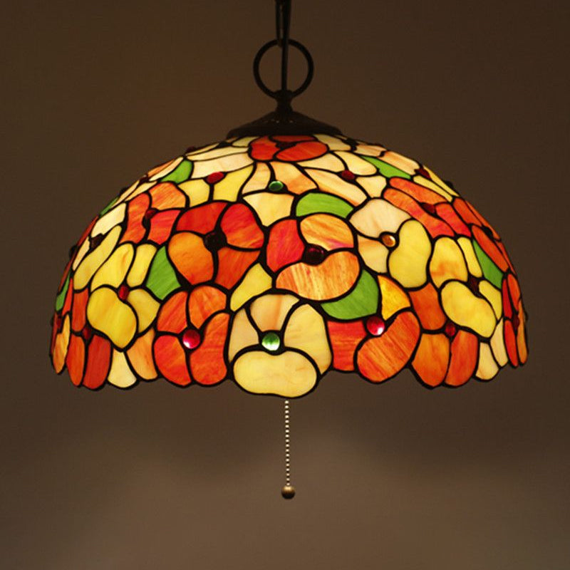 Hand-Crafted Glass Black Chandelier Domed 3 Lights Mediterranean Pendant Lamp with Plant Pattern