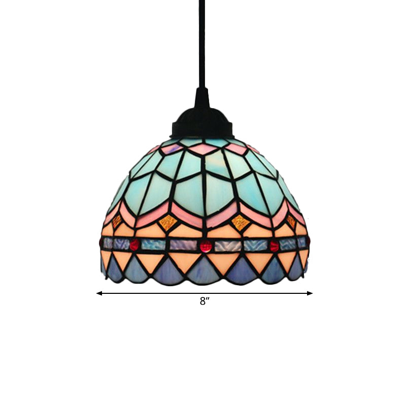 Pendulum Lattice Bowl Light Tiffany Tache-vitrail 1-Light Blue Suspension Lampe pour salle à manger