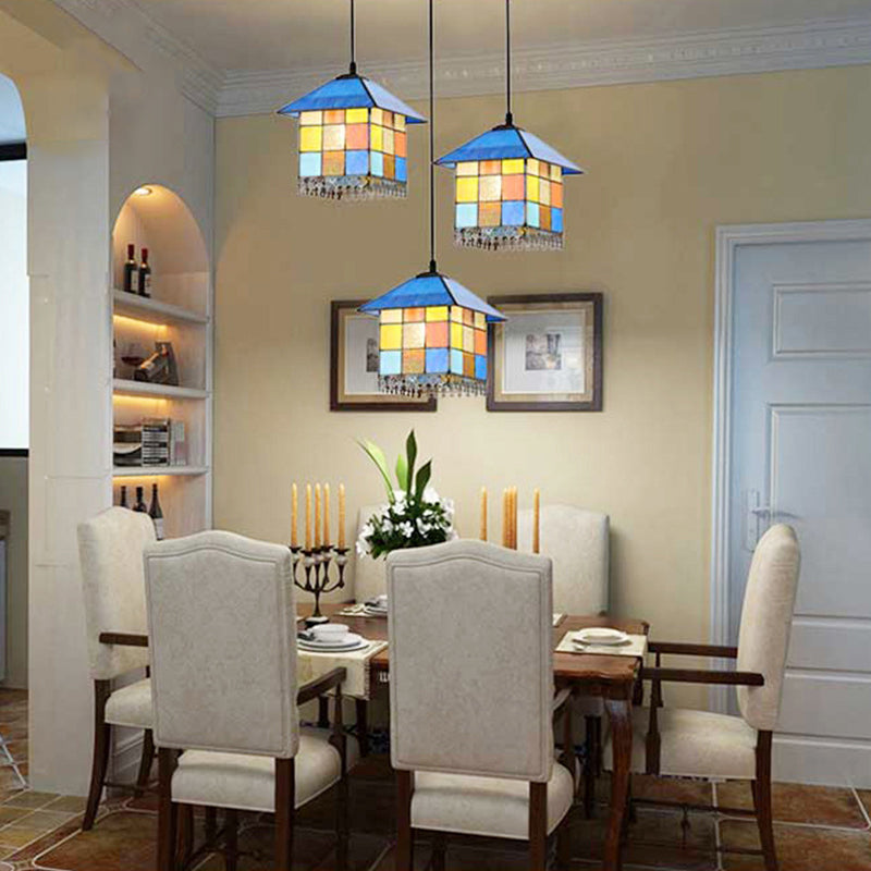 1-Light House Shaped Ceiling Pendant Mediterranean Blue Stained Glass Suspension Lighting