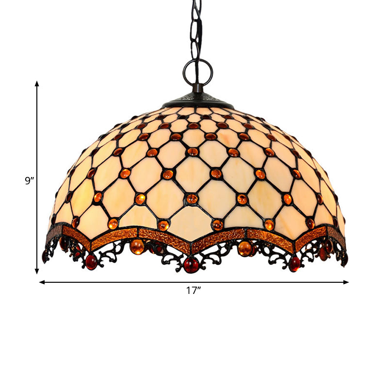 Scalloped Pendant Ceiling Light Tiffany Stained Glass 1 Light White Jewelry Suspension Lamp for Dining Room