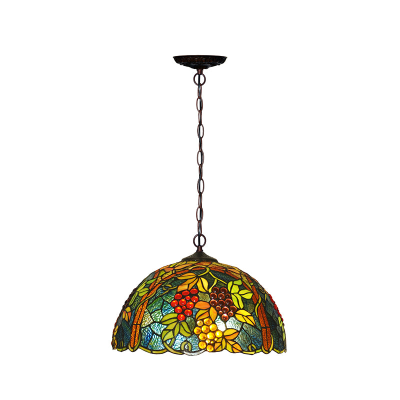 2-Bulb Domed Chandelier Light Fixture Tiffany Green Cut Glass Pendant Light with Grape Pattern