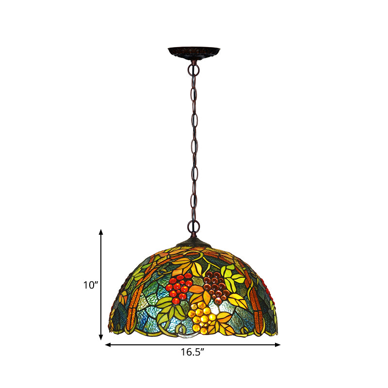 2-Bulb Domed Chandelier Light Fixture Tiffany Green Cut Glass Pendant Light with Grape Pattern