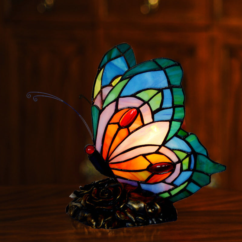 Victorian Butterfly Nightstand Light 1 Light Stained Art Glass Table Lamp in Blue