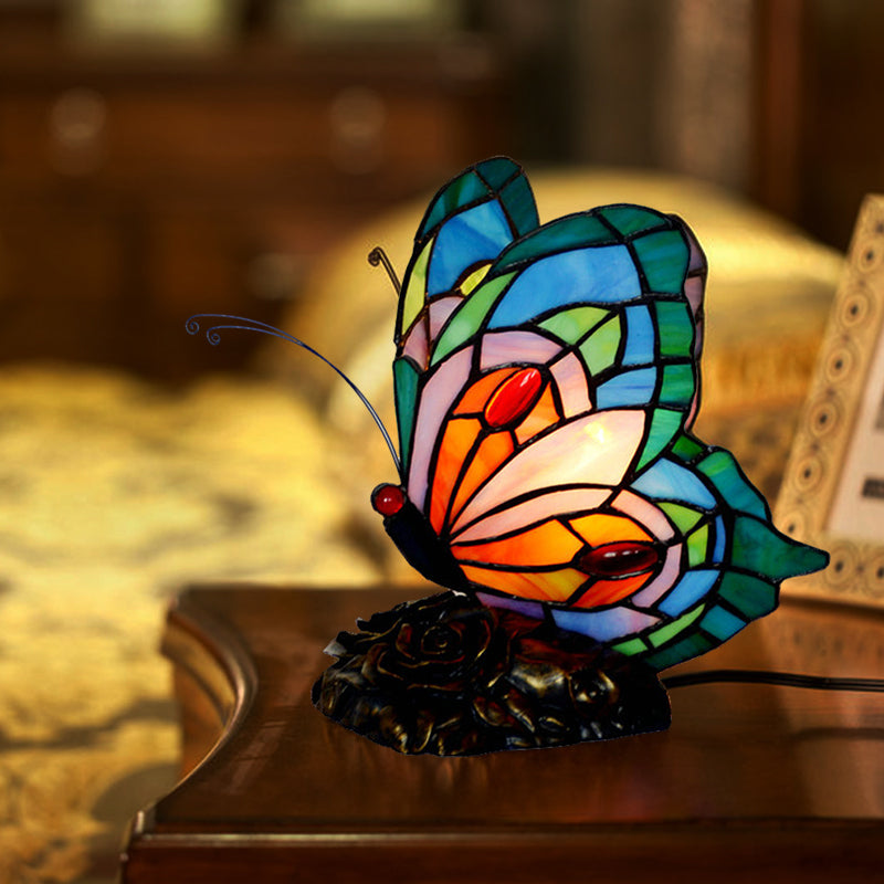 Victorian Butterfly Nightstand Light 1 Light Stained Art Glass Table Lamp in Blue