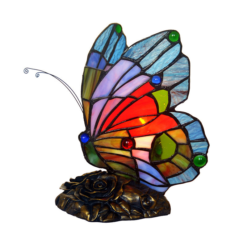 Blue Butterfly Nightstand Lighting Baroque 1 Light Cut Glass Night Lamp with Resin Rose Base