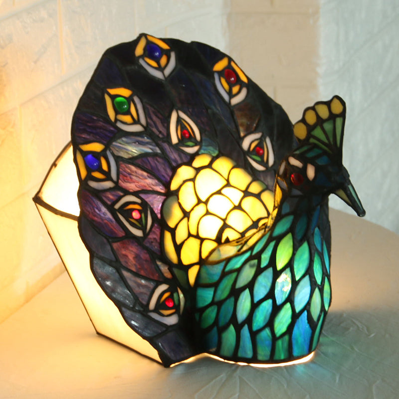 Blau 1-Kopf-Nachtlampe Mediterraner Kunstglas Peacock-Form-Tischbeleuchtung