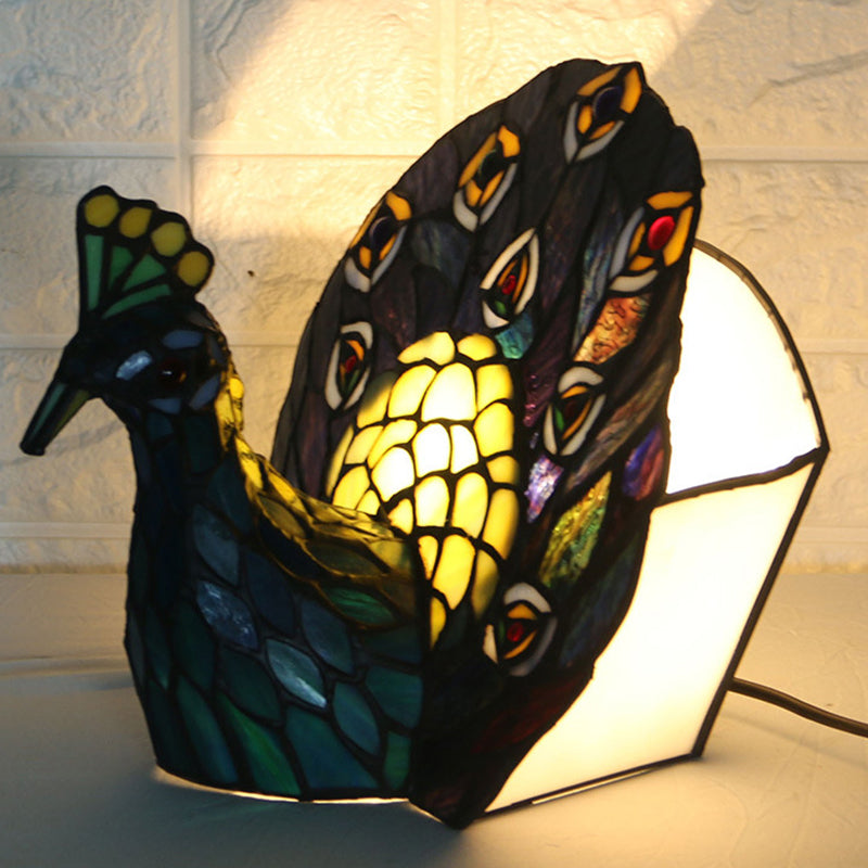 Blau 1-Kopf-Nachtlampe Mediterraner Kunstglas Peacock-Form-Tischbeleuchtung