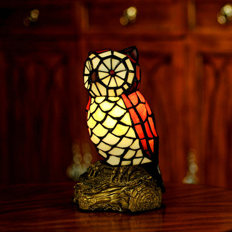 Stained Glass Red Night Table Lamp Owl Shaped 1 Light Tiffany Style Nightstand Light with Resin Base